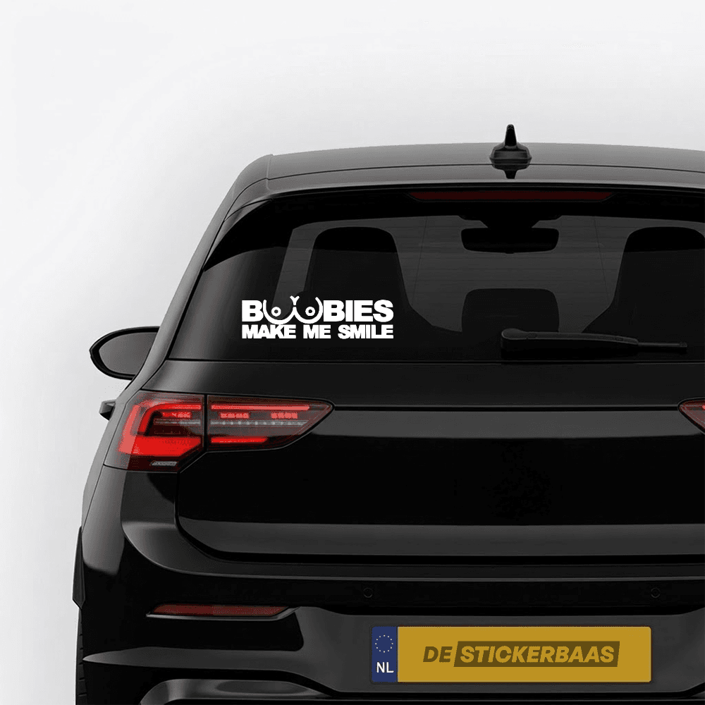 Boobies make me smile - Leuke & grappige autosticker - vinyl sticker kopen bij De Stickerbaas